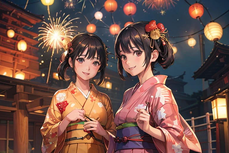  (photo realistic:1.5), girls, (smile:1.3),japan, japanese dress, kimono, (yukata:1.4), obi, (bon odori:1.5), natsu matsuri, (yagura:1.4), dashi, wata-ame, temple, (yomise:1.5), red lamps, matsuri chochin, kigyosukui, omen, night, (no handy firework:1.4), hanabi, summer 