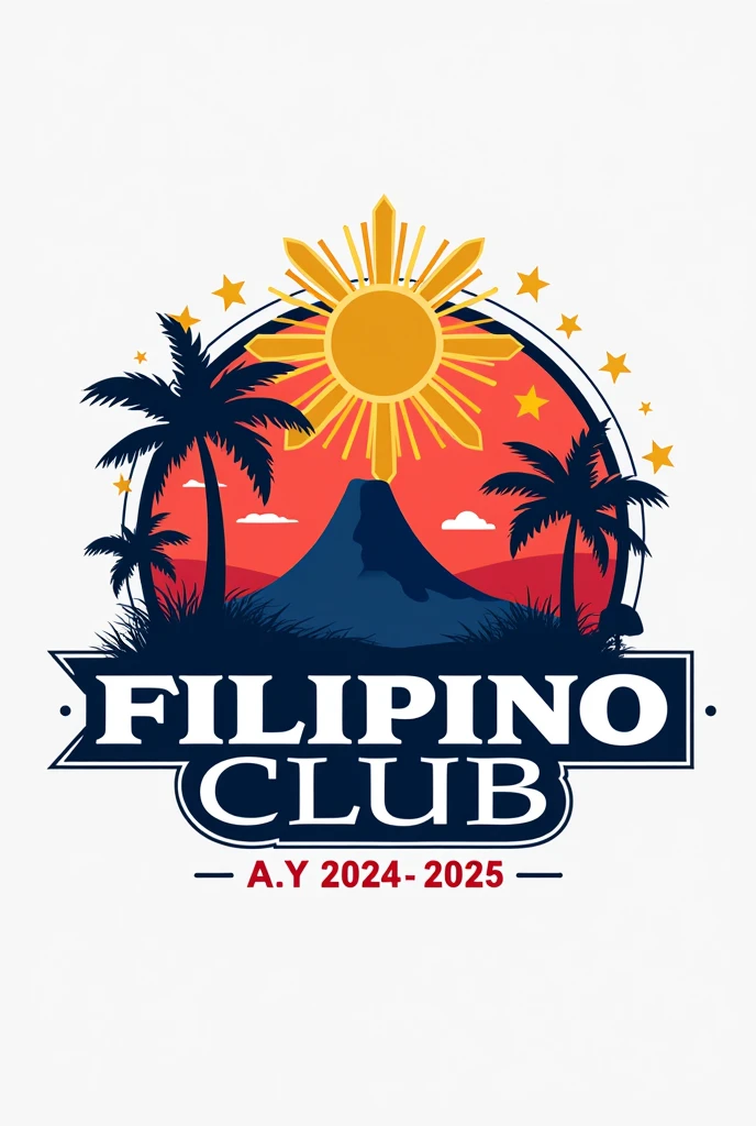 Design a logo for a Filipino club featuring the Philippine flag but excluding the sun. The logo should prominently incorporate the flag's red, white, and blue colors. Consider integrating cultural symbols such as a traditional parol or the sampaguita flower, and include a silhouette of the Philippines map or notable landmarks like Mayon Volcano. Use modern, clean typography for Filipino Club A.Y 2024 - 2025 aorund it, and add subtle decorative elements like star patterns or geometric shapes to enhance the design.