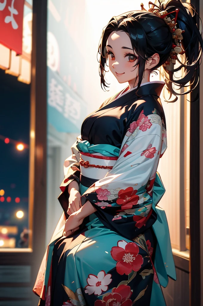 (((beautiful))), (((kimono, yukata, night, Festivals, stall, tall, full body))), ((Black Hair, parted bangs, forehead, ponytail, hair ornaments, slim)), One Woman, Small breasts, Thin legs, Glowing Skin, Sweat, (((Intricate details))), High resolution, ((Intricate details, Ultra-detailed)), from front, wide shot, (looking at viewer, look at viewer), Red cheeks, smile,