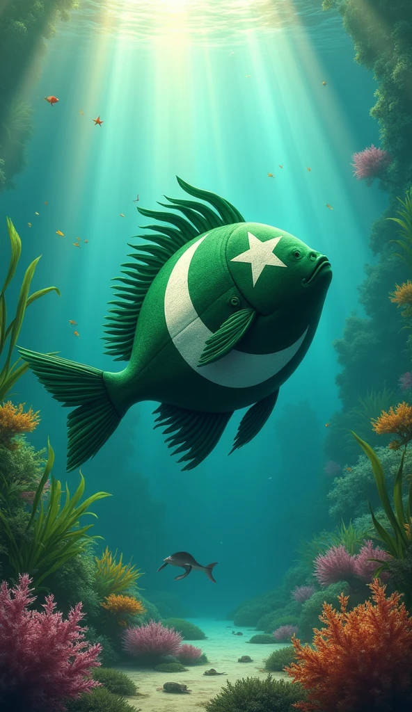 Wheel fish has Pakistan flag on her skin in the beautiful sea surrounding trees