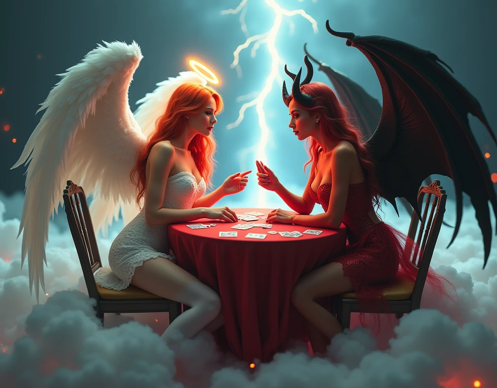 an angel and w demon playing a poker game of cards, a female angel wearing tight sexy dress, white stockings, high heels, dynamic color dress, pale skin, best details beautiful face ,dynamic hair color, busty, small cleavage, glowing halo, long  hair, orange hair, wavy hair, white angelic wings, BREAK, a female demon ((red skin: 1.5)), (black bat wings: 1.2), black demon horns, ,dynamic hair color, busty, small cleavage, red eyes, best details beautiful face, wearing a intricate dress glam dress, high heels, sitting and playing poker on a cloud, dynamic lightning, heaven background, vibrant, Ultra-high resolution, High Contrast, (masterpiece:1.5), highest quality, Best aesthetics), best details, best quality, highres, ultra wide angle, 16k, [ultra detailed], masterpiece, best quality, (extremely detailed),