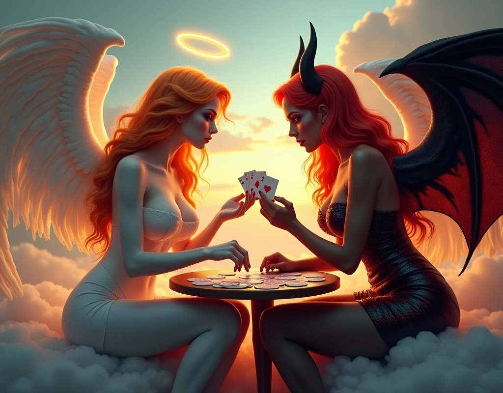 an angel and w demon playing a poker game of cards, a female angel wearing tight y dress, white stockings, high heels, dynamic color dress, pale skin, best details beautiful face ,dynamic hair color, busmall cleavageg halo, long  hair, orange hair, wavy hair, white angelic wings, BREAK, a female demon ((red skin: 1.5)), (black bat wings: 1.2), black demon horns, ,dynamic hair color, busty, small cle, red eyes, bils beautiful face, wearing a intricate dress glam dress, high heels, sitting and playing poker on a cloud, dynamic lightning, heaven background, vibrant, Ultra-high resolution, High Contrast, (masterpiece:1.5), highest quality, Best aesthetics), best details, best quality, highres, ultra wide angle, 16k, [ultra detailed], masterpiece, best quality, (extremely detailed),