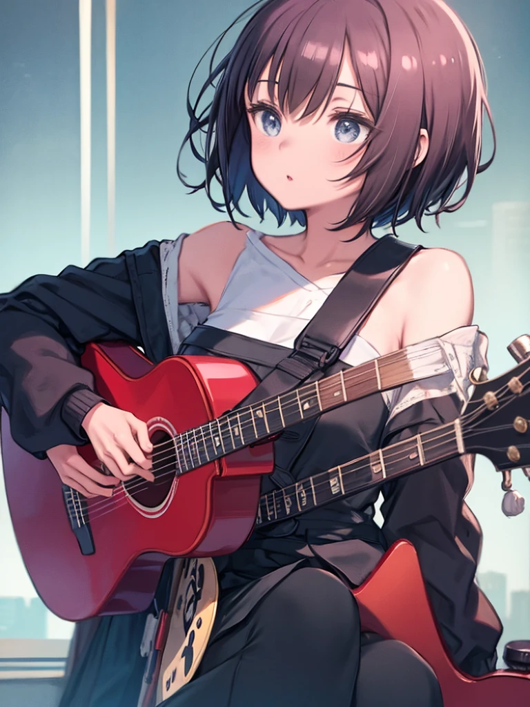 woman、short hair、Look diagonally forward、Long sleeve、Acoustic guitar