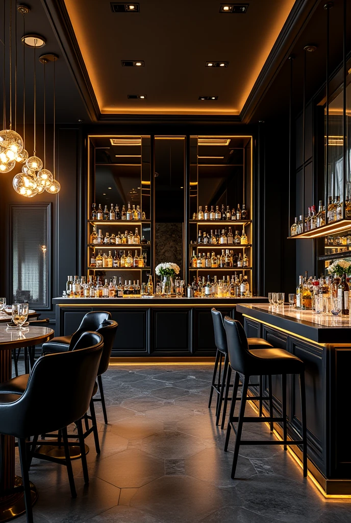 Create a Villania brand bar store in black and gold with people working 