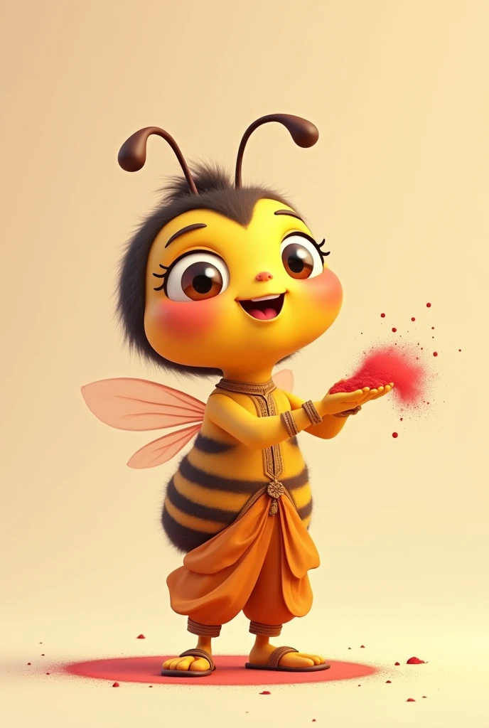 Cartoon of a bee in simple Hindu clothing in 2D, not so much detail, maintaining the insect features, with gulal powder in hands