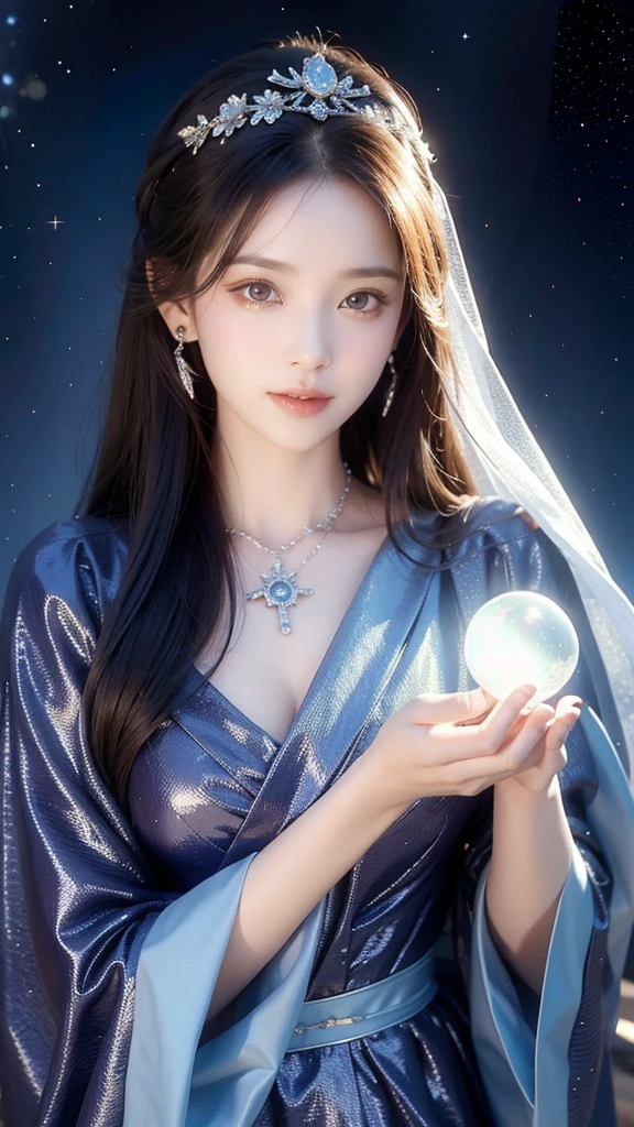 ((facing front:1.5)),Female fortune teller. Attractive, beautiful and mysterious. She wears a blue cloak and has distinct features. The atmosphere is bright and sparkling, full of anxiety and anticipation. A fortune teller is standing there. The body is facing forward. he is looking at you He holds a crystal ball in his right hand. The lighting in the room is bright, creating a magical atmosphere. Best picture quality, 4k or 8k resolution. The level of detail is very detailed and realistic, close to photorealism. Artistic style should reflect an official aesthetic with bright colors and strong contrasts. The color palette should emphasize the mystical and mystical theme of the work. The fortune teller's cloak is decorated with metal edging with a thickness ratio of 1.5 and intricate designs. The overall atmosphere is magical, like a starry sky. The expression on the fortune teller's face should arouse mystical interest.