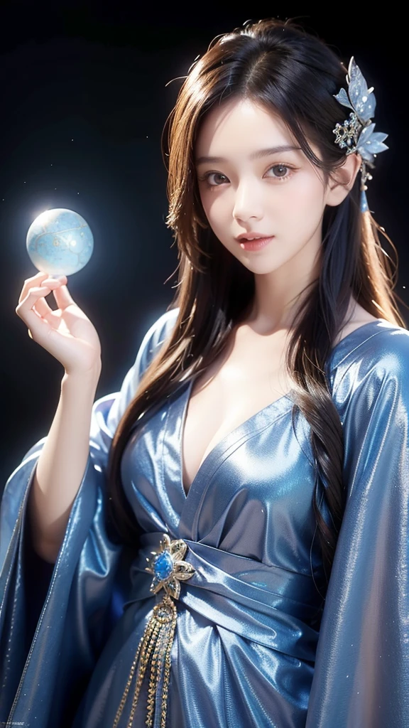 ((facing front:1.5)),Female fortune teller. Attractive, beautiful and mysterious. She wears a blue cloak and has distinct features. The atmosphere is bright and sparkling, full of anxiety and anticipation. A fortune teller is standing there. The body is facing forward. he is looking at you He holds a crystal ball in his right hand. The lighting in the room is bright, creating a magical atmosphere. Best picture quality, 4k or 8k resolution. The level of detail is very detailed and realistic, close to photorealism. Artistic style should reflect an official aesthetic with bright colors and strong contrasts. The color palette should emphasize the mystical and mystical theme of the work. The fortune teller's cloak is decorated with metal edging with a thickness ratio of 1.5 and intricate designs. The overall atmosphere is magical, like a starry sky. The expression on the fortune teller's face should arouse mystical interest.
