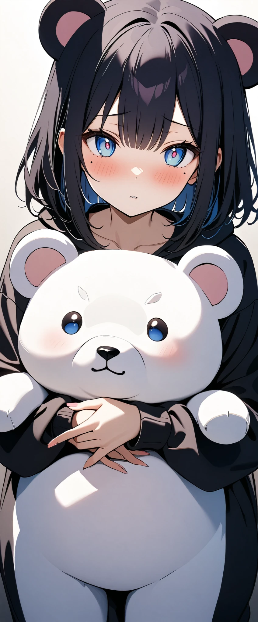 (Highest quality),(masterpiece), 8k,Very detailed, Detailed light, Best Shadow,Detailed reflective eyes, Very detailedな顔,Shiny Hair,(1 girl:1.2),woman,Gloss,Black Hair,Embarrassing,blush,Beautiful fingers,Beautiful Hands,whole body,blue eyes,(Medium length hair:1.2),thin,Mole under the eye,Bear costume,(Stuffed polar bear:1.2),(大きいStuffed polar bear:1.2),Hug a stuffed animal,(Watery eyes 1.2),