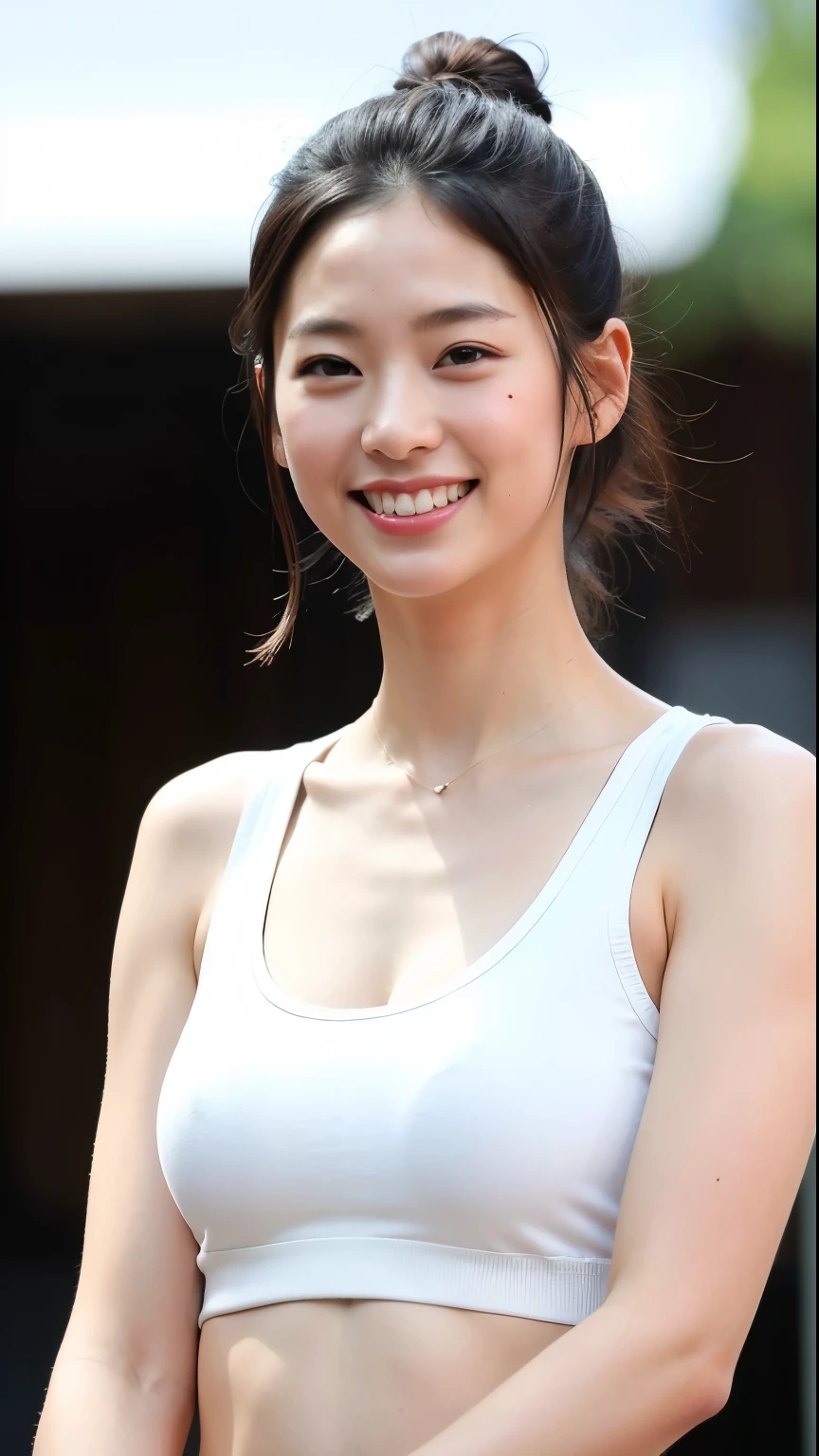 (Highest quality, 8k, 32K, masterpiece, Hmm...:1.2),Beautiful Japanese Women Photos, Very short hair or a ponytail,Shiny black hair、Hairstyle with visible ears、Thighs、Tank top, Looking at the audience,young、Sunburned skin、Big smile、very good、belly on、Large Breaailed face、Detailed eyes、Random age between 18 and 35