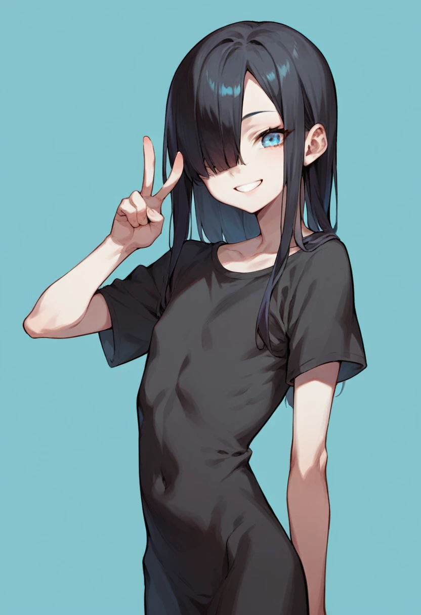 score_9, score_8_up, score_8, source_anime, 1girl, solo, flat chest, skinny, white skin, pale skin, long hair, black hair, black dress, short sleeves, hair over one eye, v sign, smile,
simple background, light blue background,