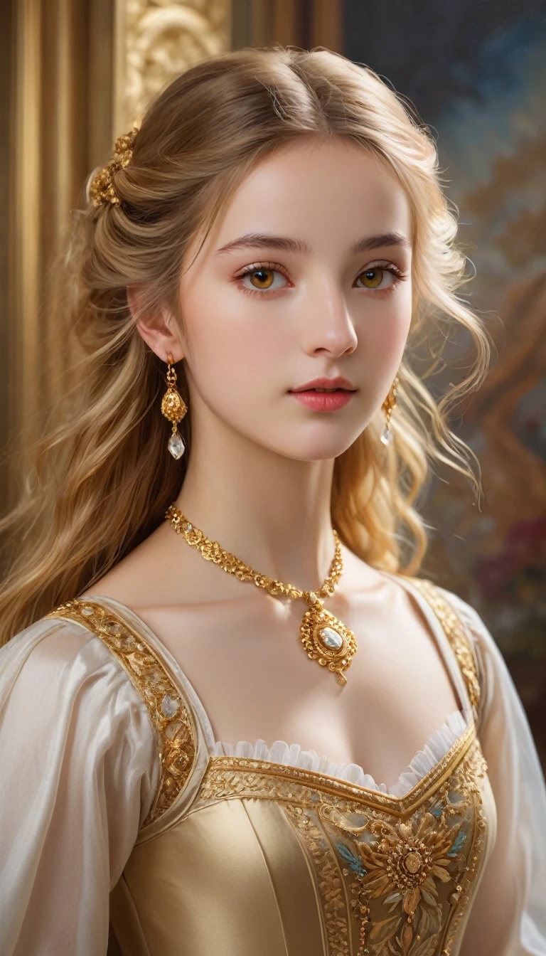 (High resolution,masterpiece:1.2),(Realistic:1.37)"(Highest quality, High resolution, Very detailed, Realistic),Beautiful portrait of a -yeld Frh ballet dancer from the 19th century, (She is half Scottish and half Japanese., She is a beautiful woman with golden eyes and a long nose.:1.1), Exquisite ballet costumes, Detailed facial features, Long and graceful neck, Gold Necklace, Flowing blonde locks, Calm and elegant posture, Soft and delicate lighting, Classical Oil Painting Medium, Vibrant colors, Delicate background with gold motifs", Dreamy atmosphere, Surrealism,Mysterious Aura