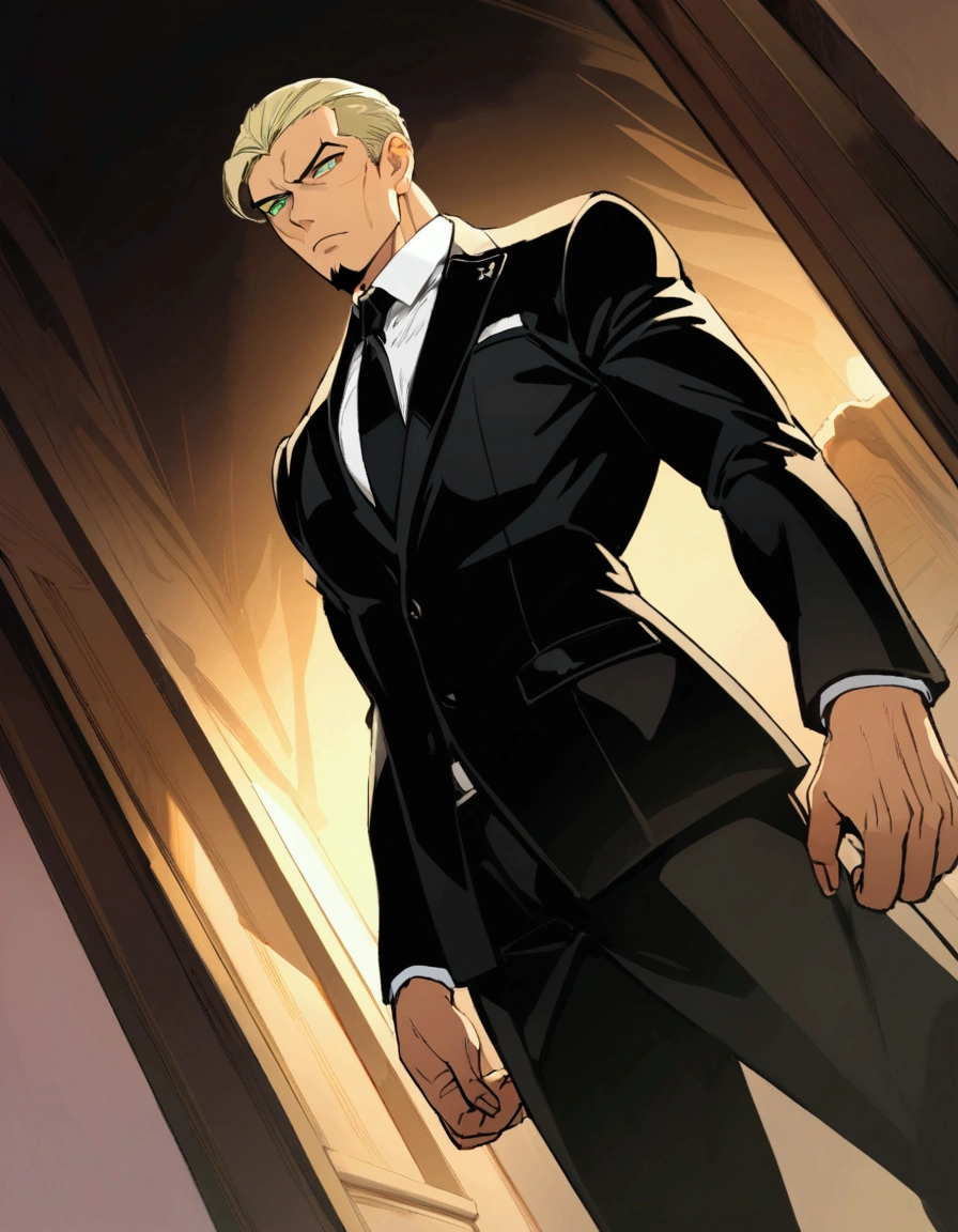 1man, man in black, vigorous mature, business hair with asymmetrical bangs, goatee, green platina blond hair, emerald eyes, BREAK 40yo, charming caucasian, slightly long chiseled face, deep set, angular jaw, facial wrinkles, crewcut, BREAK ideal ratio body proportions, middle weight muscular, beautiful detailed eyes, dark hero, best eyes, BREAK solo, funeral black suit, black necktie, white shirt, at wall street, detailed background, serious, cool expression, natural standing, melancholy, BREAK upperlegs, dramatic expression, in persona style, masculine comic art, 2010s, retro visual novel, in newest eroge style, dutch angle, cinematic shadows, cinematic lighting, lens flare, light leaks, texture, absurdres absolutely resolution, extreme all detailed, greatest painting, BREAK masterpiece, best quality