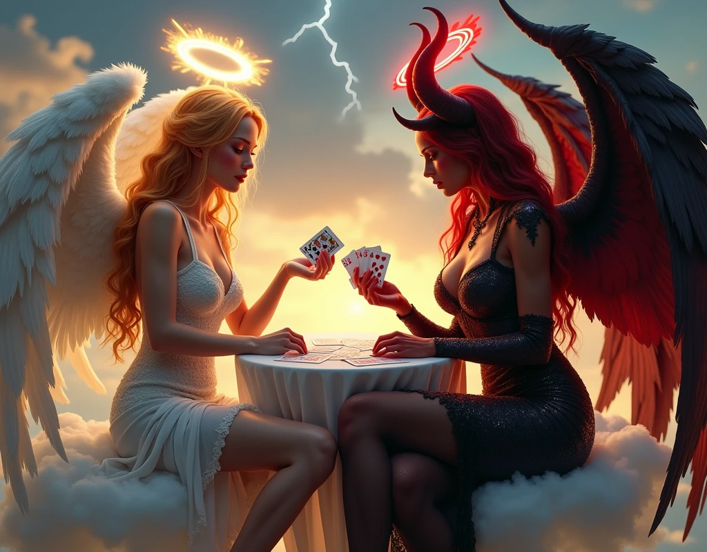 an angel and w demon playing a poker game of cards, a female angel wearing tight sexy dress, (white stockings: 1.3), high heels, dynamic color dress, pale skin, best details beautiful face ,dynamic hair color, busty, small cleavage, glowing halo, long  hair, orange hair, wavy hair, white angelic wings, BREAK, a female demon ((red skin: 1.5)), (black bat wings: 1.2), black demon horns, ,dynamic hair color, busty, small cleavage, red eyes, best details beautiful face, wearing a intricate dress glam dress, high heels, sitting and playing poker on a cloud, dynamic lightning, heaven background, vibrant, Ultra-high resolution, High Contrast, (masterpiece:1.5), highest quality, Best aesthetics), best details, best quality, highres, ultra wide angle, 16k, [ultra detailed], masterpiece, best quality, (extremely detailed),