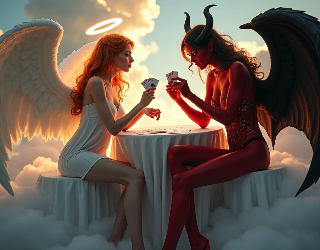 an angel and w demon playing a poker game of cards, a female angel wearing tight sexy dress, (white stockings: 1.3), high heels, dynamic color dress, pale skin, best details beautiful face ,dynamic hair color, busty, small cleavage, glowing halo, long  hair, orange hair, wavy hair, white angelic wings, BREAK, a female demon ((red skin: 1.5)), (black bat wings: 1.2), black demon horns, ,dynamic hair color, busty, small cleavage, red eyes, best details beautiful face, wearing a intricate dress glam dress, high heels, sitting and playing poker on a cloud, dynamic lightning, heaven background, vibrant, Ultra-high resolution, High Contrast, (masterpiece:1.5), highest quality, Best aesthetics), best details, best quality, highres, ultra wide angle, 16k, [ultra detailed], masterpiece, best quality, (extremely detailed),