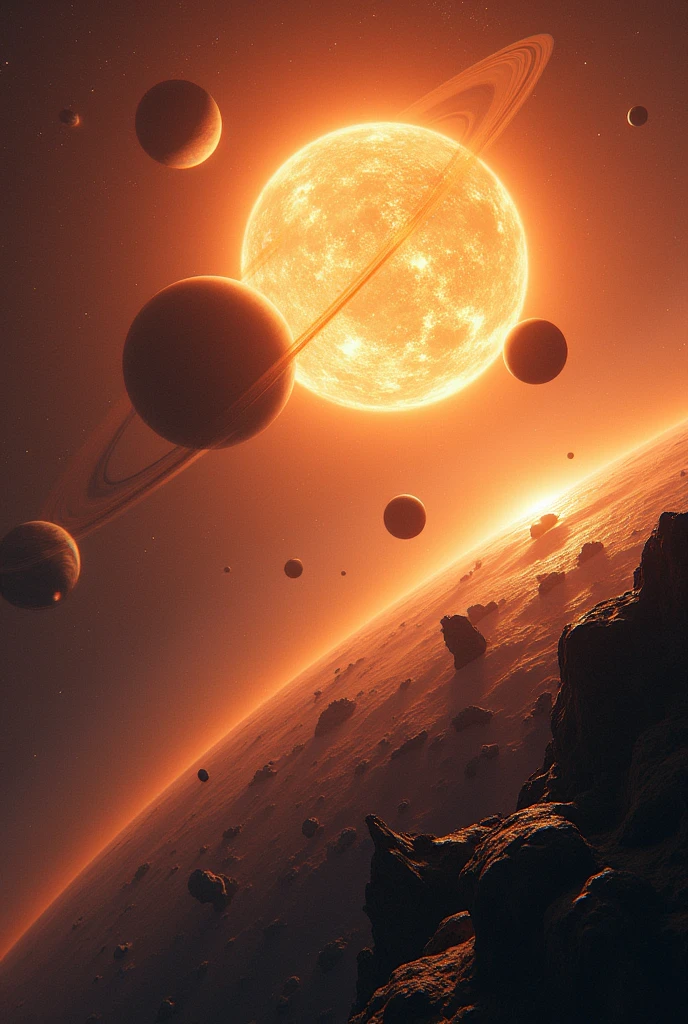 A white-orange star, the saturn, space station at rocky star, a single planet with atmosphere. Saturn with two rocky planet and gas palnet. Single rocky planet and gas planet