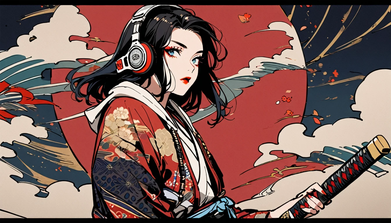 (((1 girl))), (((Flashy makeup))), (((Japanese style headphones))), (((Japanese pattern hoodie))), (((Japanese sword))), (((Female samurai))), Japanese beautiful girl, Black Hair, Delicate and precise, Modern ukiyo-e style, Japanese flag, battle style
