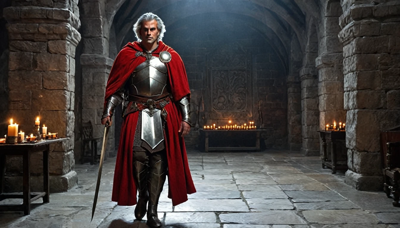 masterpiece, Inside a stone building, Stone slabs scattered on the floor, A muscular man in armor walking towards the front, dim, Gray Hair, Candles along the walls light up the room., Holding a large twisted rapier in his hand, Wearing a tarnished red cloak, He wears a dull red loincloth under his armor., Wearing silver-adorned armor, He wears a large metal ornamented in white on his shoulder.、Dark orange fur underneath the metal