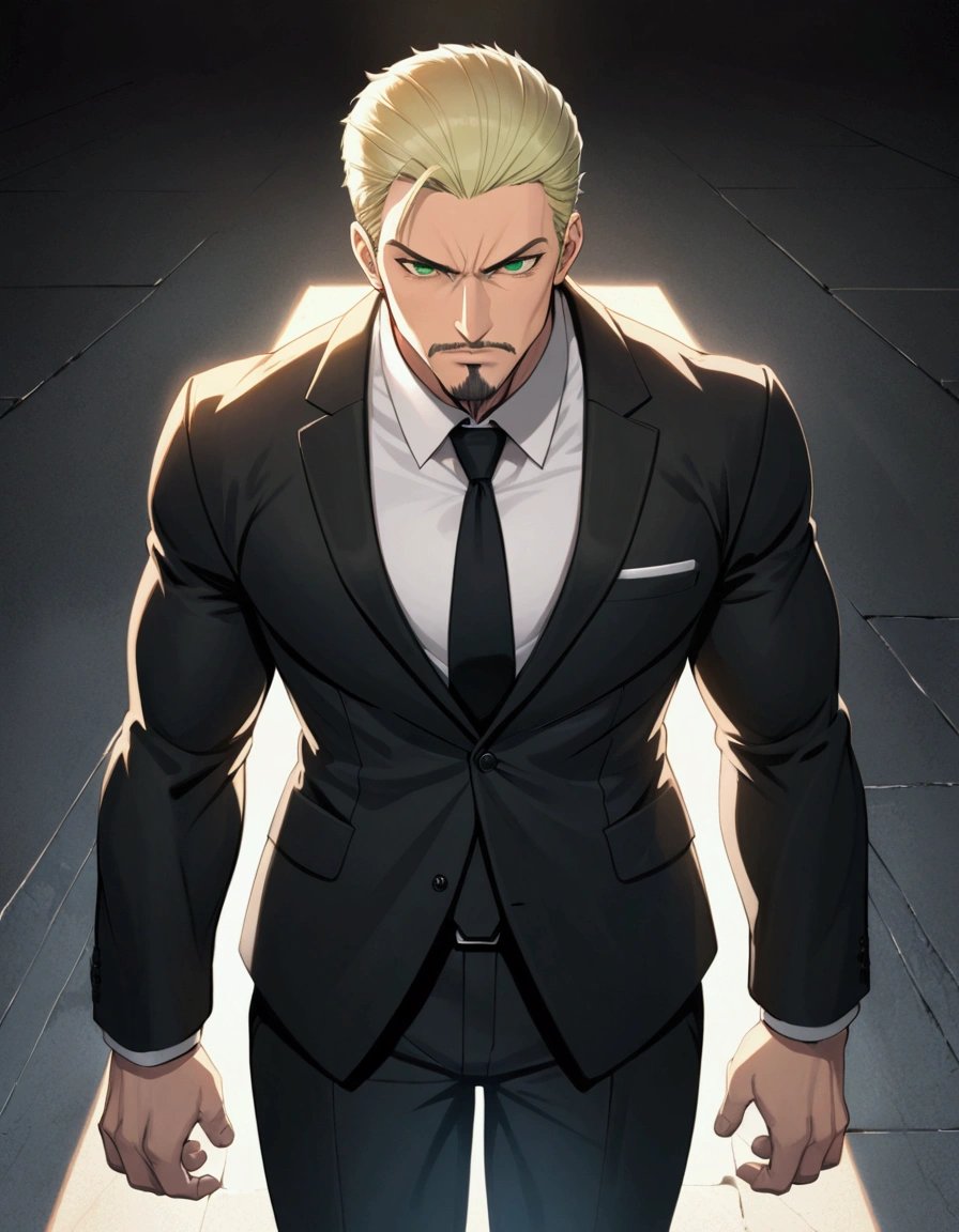 1man, man in black, vigorous mature, business hair with asymmetrical bangs, goatee, green platina blond hair, emerald eyes, BREAK 40yo, charming caucasian, slightly long chiseled face, deep set, angular jaw, facial wrinkles, crewcut, BREAK ideal ratio body proportions, middle weight muscular, beautiful detailed eyes, dark hero, best eyes, BREAK solo, funeral black suit, black necktie, white shirt, at wall street, detailed background, serious, cool expression, natural standing, melancholy, BREAK upperlegs, dramatic expression, in persona style, masculine comic art, 2010s, retro visual novel, in newest eroge style, dutch angle, cinematic shadows, cinematic lighting, lens flare, light leaks, texture, absurdres absolutely resolution, extreme all detailed, greatest painting, BREAK masterpiece, best quality