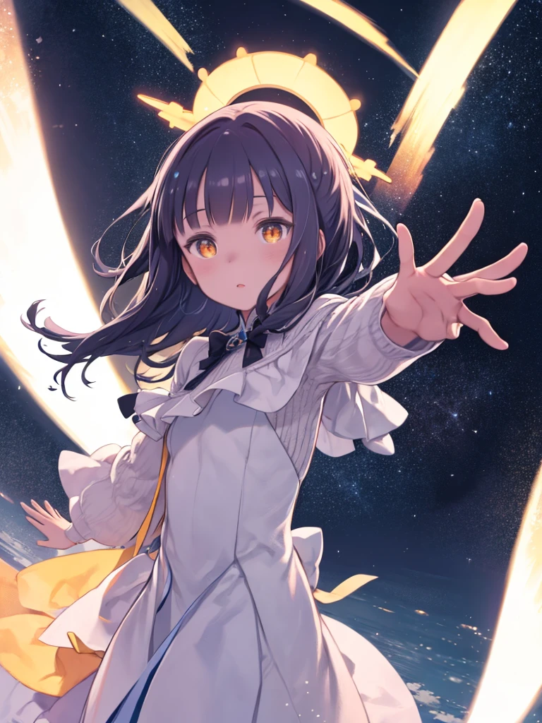 One girl, Low - Angle, To the camera, Reaching out, Galaxy Sky, Falling from the sky, An expression of courage, Orange Eyes, masterpiece