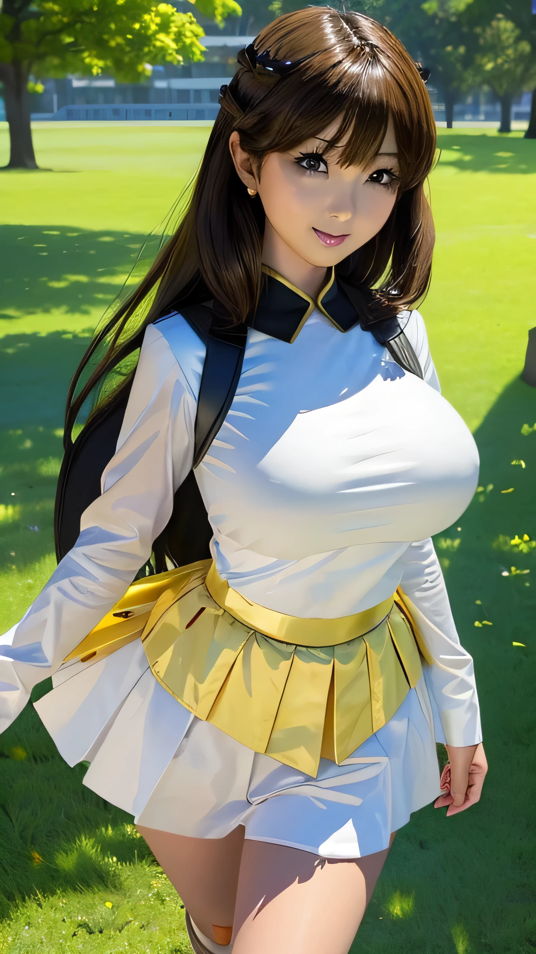 ((Highest quality)), ((The pieces fly)), (Detailed face), (highlight), Princess、Big Breasts、Blunt bangs、Black Hair、Combat Uniform、skirt、