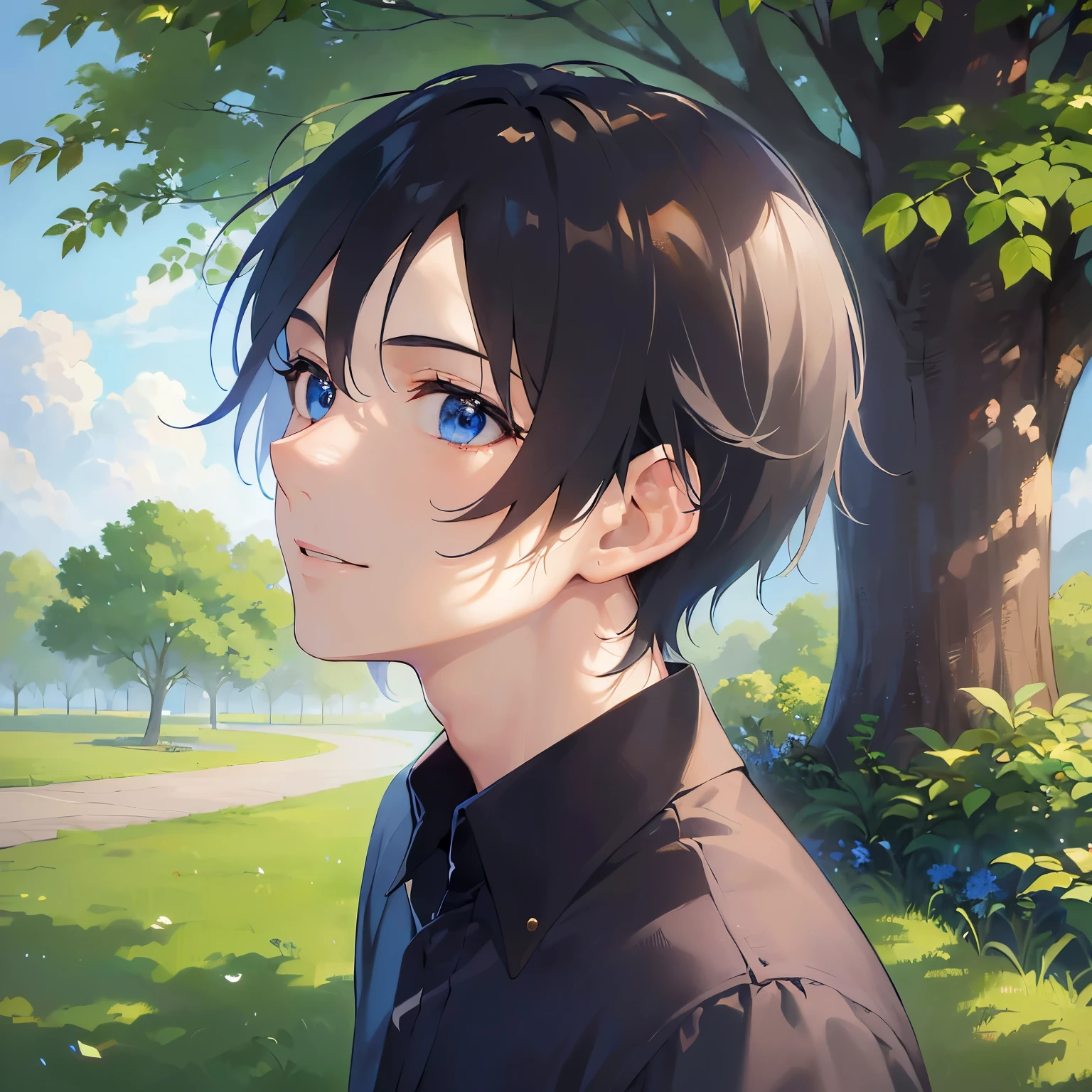 (looking up:1.5),upper body,Gazing Skyward 、Side shot、
shiny skin, masterpiece、Highest quality、
(25-year-old male:1.5) and (Black short hair) and (blue eyes),
Brown collared shirt、
smile,park,(alone:1.5)、grass