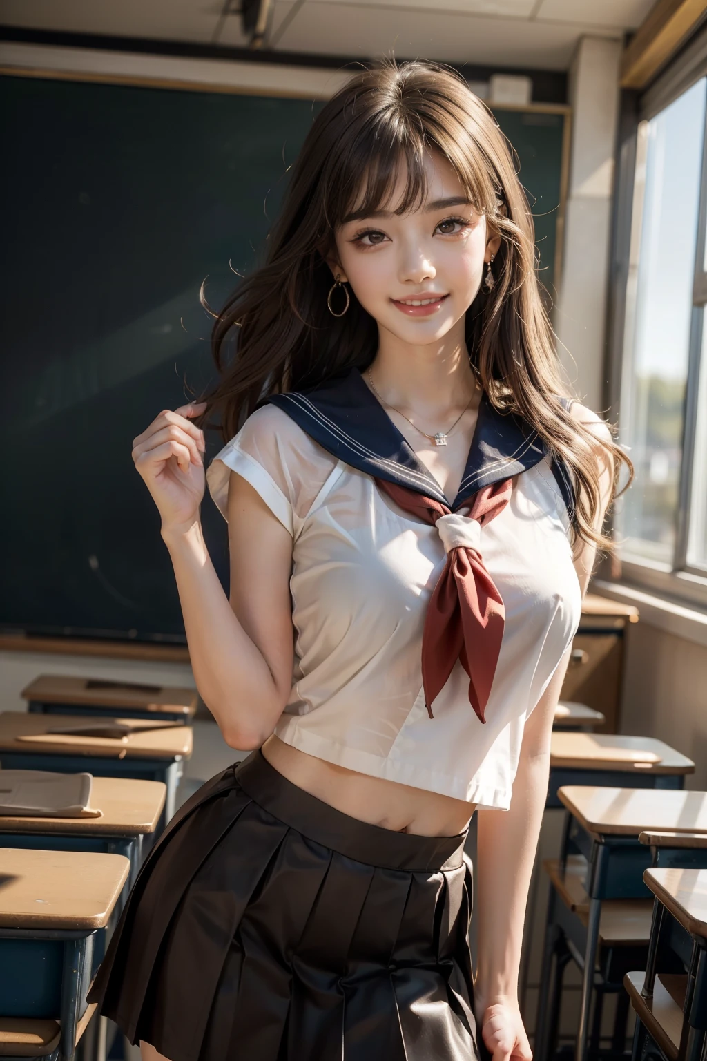 anime、Beautiful pink eyes、Black Hair、Glasses、Belly button piercing、, Glossy with oil々Skin、Wear a sailor uniform、Pink Check Skirt、Shiny thighs,、Narrow waist、Firm big breasts、panty lift.cute、Love juice drips、smile、lure、Classroom