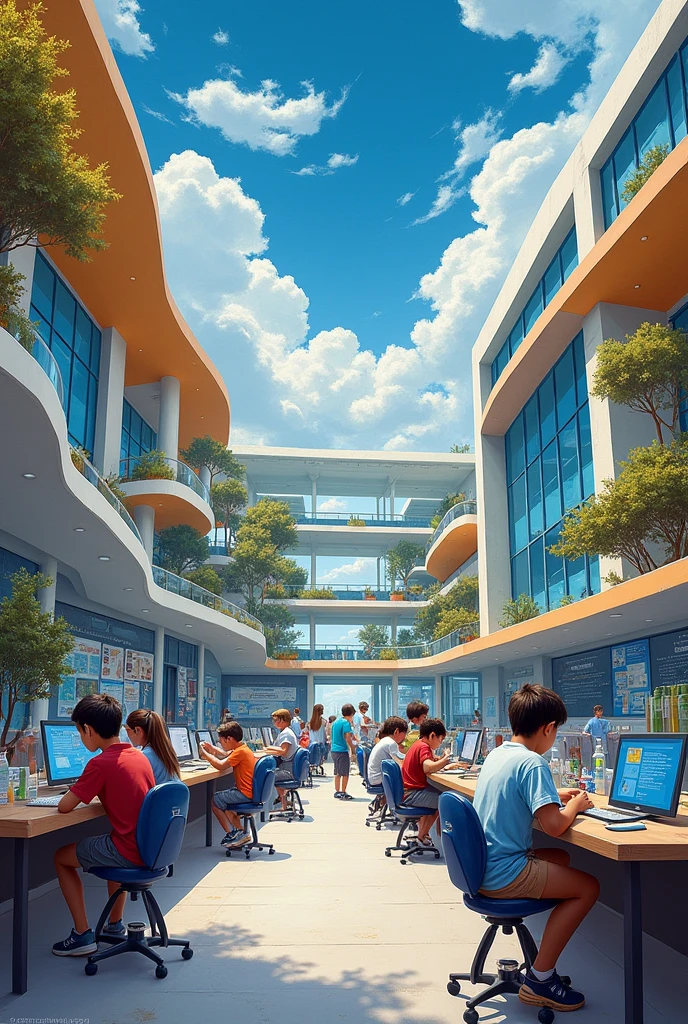 Painting of a school advancing with science and technology