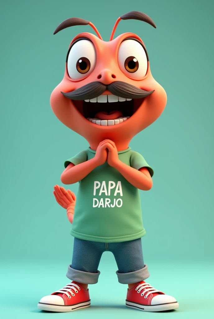 Create an 4D realistic animated character named [Darjo], designed to be the iconic mascot for Sidoarjo, in the style of cartoon pixar movie animation. [Darjo] is a 40 yo charming cute shrimp with a unique twist and has a thin moustache —he has human-like arms and legs. His large, round brown eyes are full of energy and friendliness, inviting everyone to engage with him. Darjo wears a light green muslim t-shirt with the name "PAPA DARJO" proudly displayed across the chest, His feet are clad in bright red canvas sandals, adding a playful and youthful vibe to his appearance.  The overall design should exude warmth, approachability, and a sense of pride in representing the vibrant city of Sidoarjo. A cheerful cartoon Darjo character with pose  stands in a dynamic pose, make the character's hands clasped to indicate appreciation and respect for the audience. smile with the upper teeth only slightly visible. while its legs are clad in rolled-up denim pants and red sneakers. The background is a soft turquoise, enhancing the lively and playful vibe of the character.