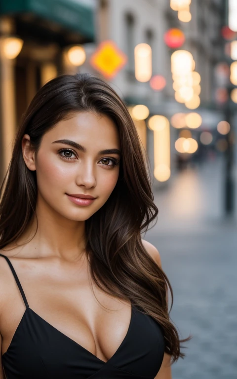 photography of 2 stunning girl, in the city, wearing black skirt, enjoying, girl, subtle smile, summer, hot girl, (((medium bust))), brunette hair, long_hair, looks into the camera, symmetrical face, photorealistic, photography, spectacular lighting,, gorgeous, cleavage, western, (masterpice), best quality, high resolution, extremely detailed, skin with pores, blurred background, depth of field, cinematic lighting