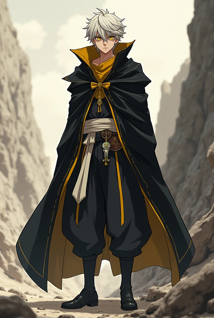 create an anime style character/manga black clover, must be a male character, yellow eyes, Your magic is linked to gravity so you can put something that reminds you of that,ele deve ter cabelos offwhites, an outfit with the colors black, offwhite, rock and yellow, Your skin is brown, your look may be a tired look, he must be wearing the cloak/cover of the black bulls from the anime black clover