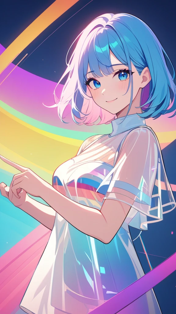 masterpiece,Highest quality,Ultra Wide Angle,Finger Spectator,One girl,pink and blue hair,hand,Cute anime face,tears,masterpiece,Transparent PVC clothing,Transparent Vinyl Clothing,whole body,glitch lump}On the face,smile,Medium Hair,Film Grain,lens_Flare,colorful,chromaticaberration,Dynamic POV,Mouth closed,Intense emotional expression:die,glitchart,Very detailed,Very delicate and beautiful,albumcover,album,albumdescription,PixilationOn the face,Double exposure,chromaticaberration,Light leakage,Noise and particles,Color Deterioration,Glitch lettering,art,abstractart,geometry,Clear Line,square,bright,Limited edition palette,{Canonical Configuration},Clean diagonal striped background,{{Blue and whiteの縞模様の背景}},{Limited edition palette},Flat Color,Blue and white,Laraフェル,Final Fantasy 14,FF14,Lara,Lori