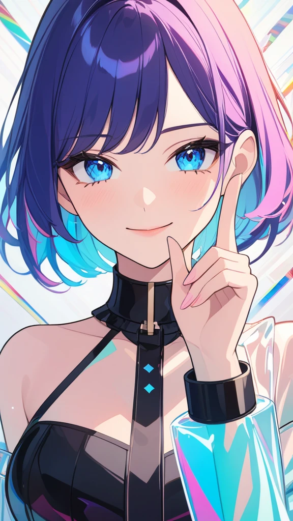 masterpiece,Highest quality,Ultra Wide Angle,Finger Spectator,One girl,pink and blue hair,hand,Cute anime face,tears,masterpiece,Transparent PVC clothing,Transparent Vinyl Clothing,whole body,glitch lump}On the face,smile,Medium Hair,Film Grain,lens_Flare,colorful,chromaticaberration,Dynamic POV,Mouth closed,Intense emotional expression:die,glitchart,Very detailed,Very delicate and beautiful,albumcover,album,albumdescription,PixilationOn the face,Double exposure,chromaticaberration,Light leakage,Noise and particles,Color Deterioration,Glitch lettering,art,abstractart,geometry,Clear Line,square,bright,Limited edition palette,{Canonical Configuration},Clean diagonal striped background,{{Blue and whiteの縞模様の背景}},{Limited edition palette},Flat Color,Blue and white,Laraフェル,Final Fantasy 14,FF14,Lara,Lori