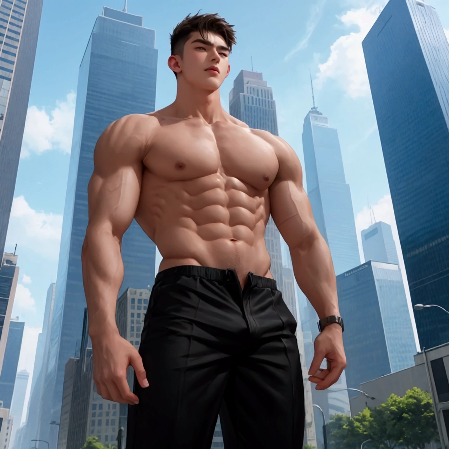 The 17-year-old boy is muscular and tall.、Taller than a skyscraper。A penis longer and thicker than his chest、A hot boy with huge testicles bigger than his head、Standing in a street lined with skyscrapers、Engaging in destructive masturbation。