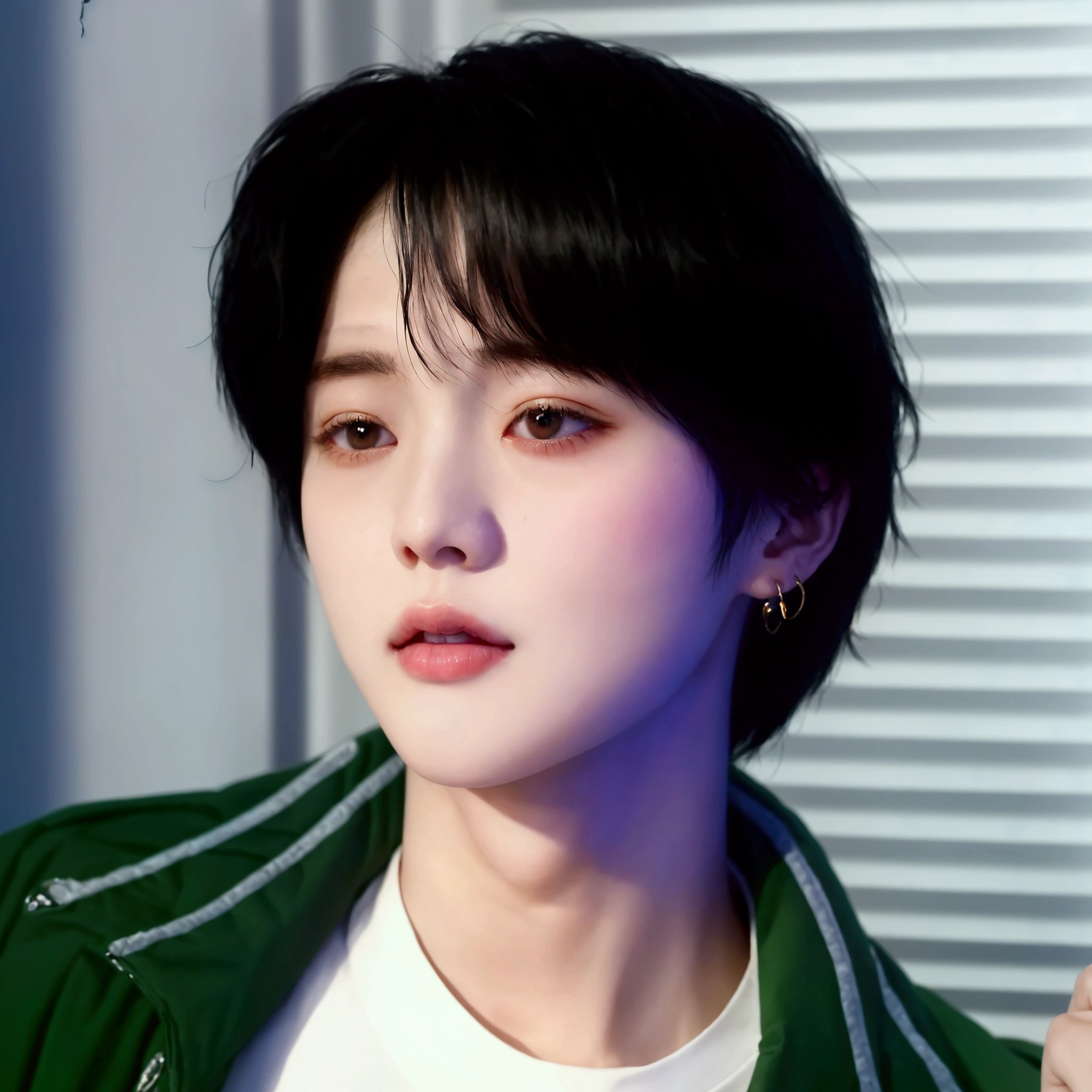 A close-up of a person wearing a green jacket and a white shirt, black haired yoongi, Cai Xu Kun, Kim Doyoung, Hyung Tae, young pale angel, jungkook, Jimin\his right eyelid is swollen, TaeJune Kim, Jimin, pale korean adorable face, Inspired by Bian Shoumin, Sha Xi, park Jimin, Jung Jaehyun, ten reads