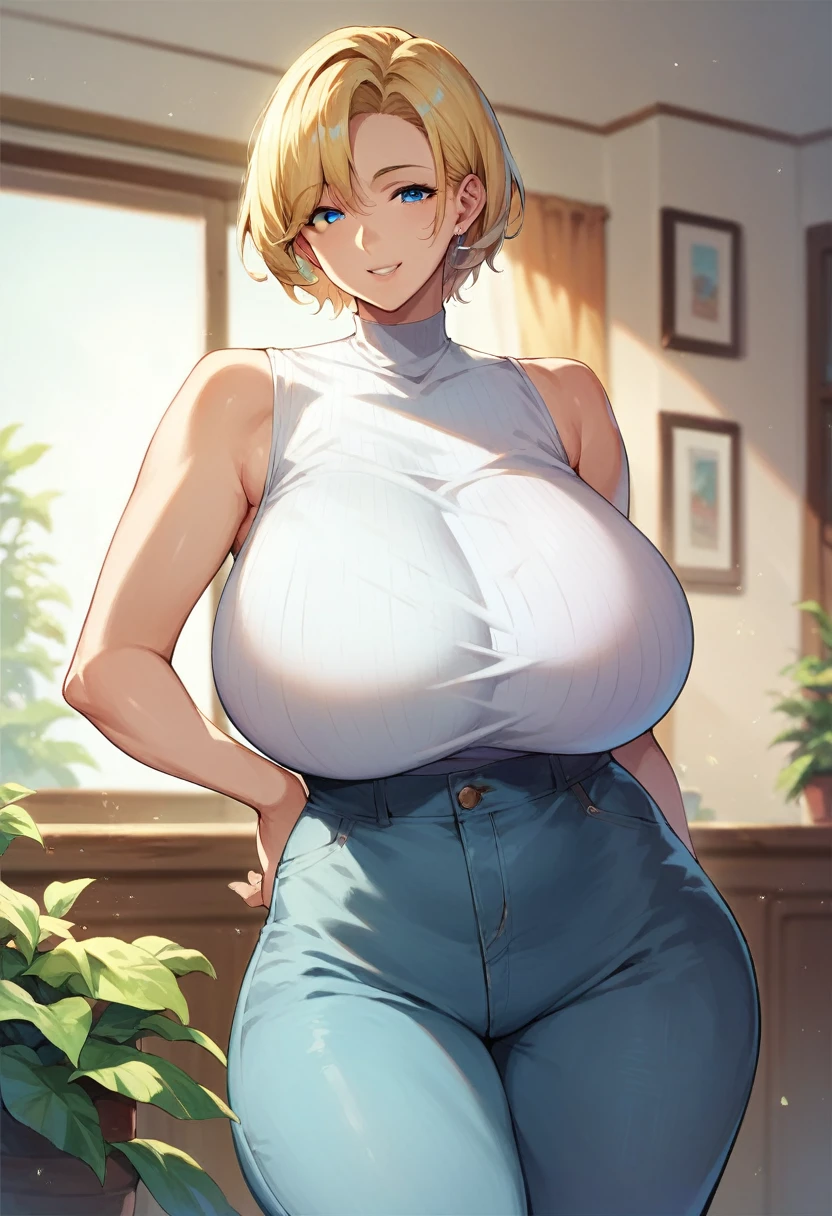 score_9, score_8_up, score_7_up, score_6_up, milf, {{Ultra-Gigantic breasts}}, wide hips, curvy, straight hair, short hair, blonde hair, blue eyes, white shirt, Sleeveless shirt, pants, indoors, standing, looking at viewer, smile