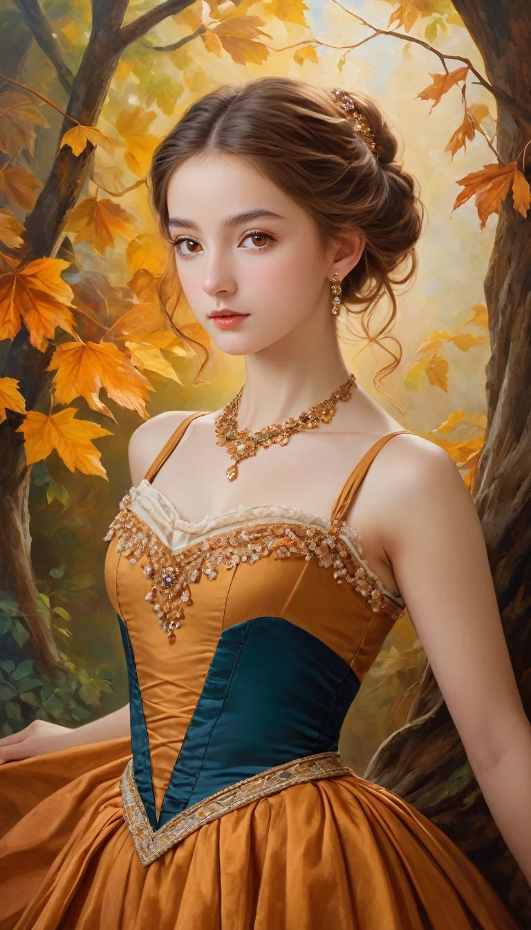(High resolution,masterpiece:1.2),(Realistic:1.37)"(Highest quality, High resolution, Very detailed, Realistic),Beautiful portrait of a -yeld Frh ballet dancer from the 19th century, (She is half Scottish and half Japanese., She is a beautiful woman with brown eyes and a high nose.:1.1), Exquisite ballet costumes, Detailed facial features, Long and graceful neck, Amber Necklace, Flowing locks of chestnut hair, Calm and elegant posture, Soft and delicate lighting, Classical Oil Painting Medium, Vibrant colors, Delicate background with earthy motifs", Dreamy atmosphere, Surrealism,Mysterious Aura