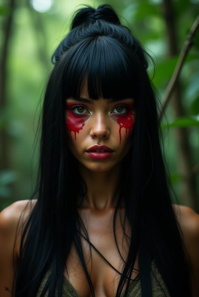 (Bart_newG),  Bart_newG is one Woman, standing, at beach, body shot of cinematic goddess, long straight bangs, long thin black hair, ela tem black hair with bangs, black hair with bangs, um close up de um Woman uma pintura facial, Woman , Amazonian indigenous peoples in Brazil, ayahuasca shaman, Portrait of a female warrior with red paint in her eyes, Facing the camera, look curiously at the camera, in the middle of a forest, Close up ((bimbo style))with black hair that is combed up, long black hair that is combed up, long black hair that is combed up, black hair that is combed up, bangs straight, black long straigh hair with bangs, black hair that is combed up, Jet black hair, long straight bangs, long thin black hair, ela tem black hair with bangs, black hair with bangs Bart_newG