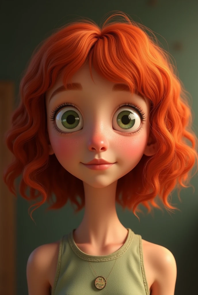 Lucy Wilde. (Very small  with medijm to long Red curly hair and small bangs green eyes and big nose, thin) from Despicable Me as a child when she was 7
