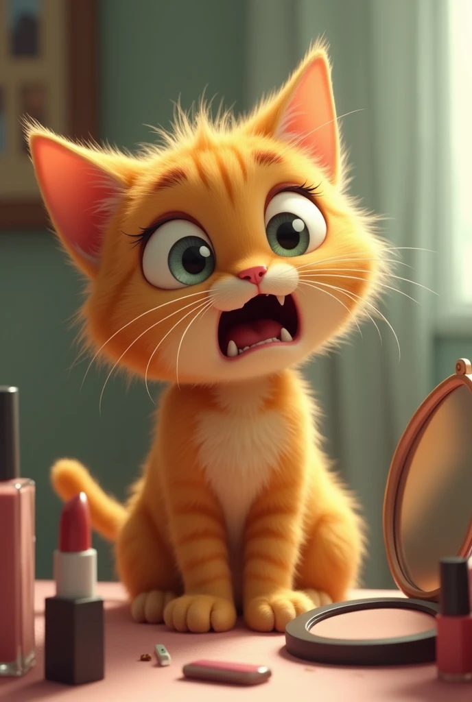 Whiskers, startled, has wide eyes and her ears perked up as she hears the doorbell ring. The scene should capture her frozen in the middle of applying makeup, with an expression of panic and surprise. Golden cat