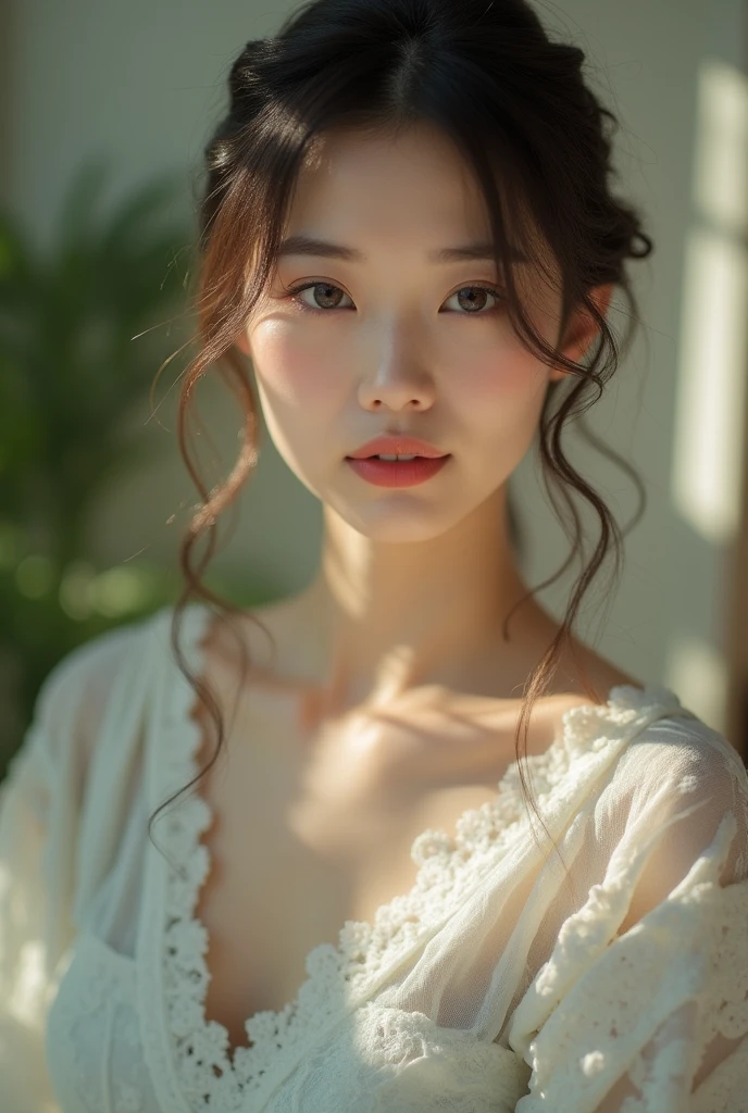 An elegantly dressed Japanese woman in natural light、A close-up of her chest and calm expression.、It shows her inner peace and outer charm.。