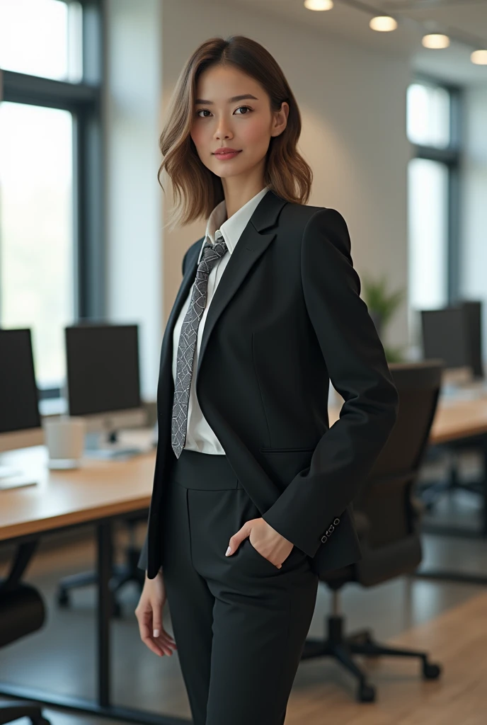 Create a professional in the administration area of an innovation and technology company, with creative clothing that expresses your style without leaving aside the formality of a management position