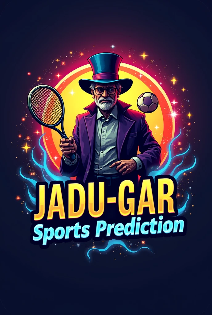 Design a sport logo where a tennis racket, cricket bat- ball  and  a football clearly visible . Text must be written on it that is 'JADU-GAR Sports Prediction ' in multi colour. Also a magician in background.
