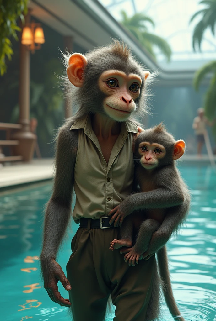 Une maman singe qui à une allure humaine et qui porte des habits avec son enfant singe de 2 ans il se trouve tous les deux dans un centre aquatique