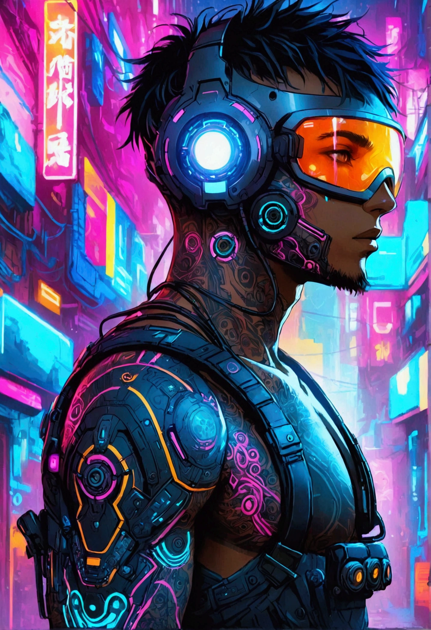 Create a futuristic Cyberpunk themed illustration featuring a shirtless man with cybernetic arms. Let his chest and arms be adorned with brightly illuminated tattoos in neon shades of blue, purple and pink. He's wearing black cargo pants peppered with neon details. His entire head and face are covered with a futuristic LED Techwear helmet, making him an enigmatic figure. Capture the gritty and high-tech nuances of the cyberpunk aesthetic.