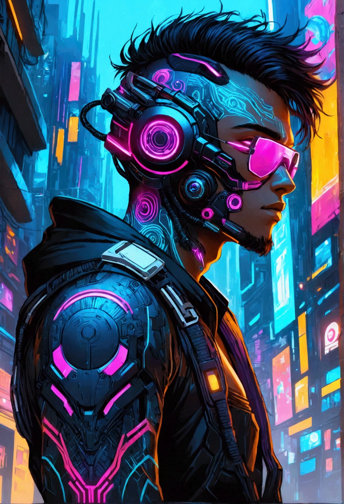 Create a futuristic Cyberpunk themed illustration featuring a shirtless man with cybernetic arms. Let his chest and arms be adorned with brightly illuminated tattoos in neon shades of blue, purple and pink. He's wearing black cargo pants peppered with neon details. His entire head and face are covered with a futuristic LED Techwear helmet, making him an enigmatic figure. Capture the gritty and high-tech nuances of the cyberpunk aesthetic.