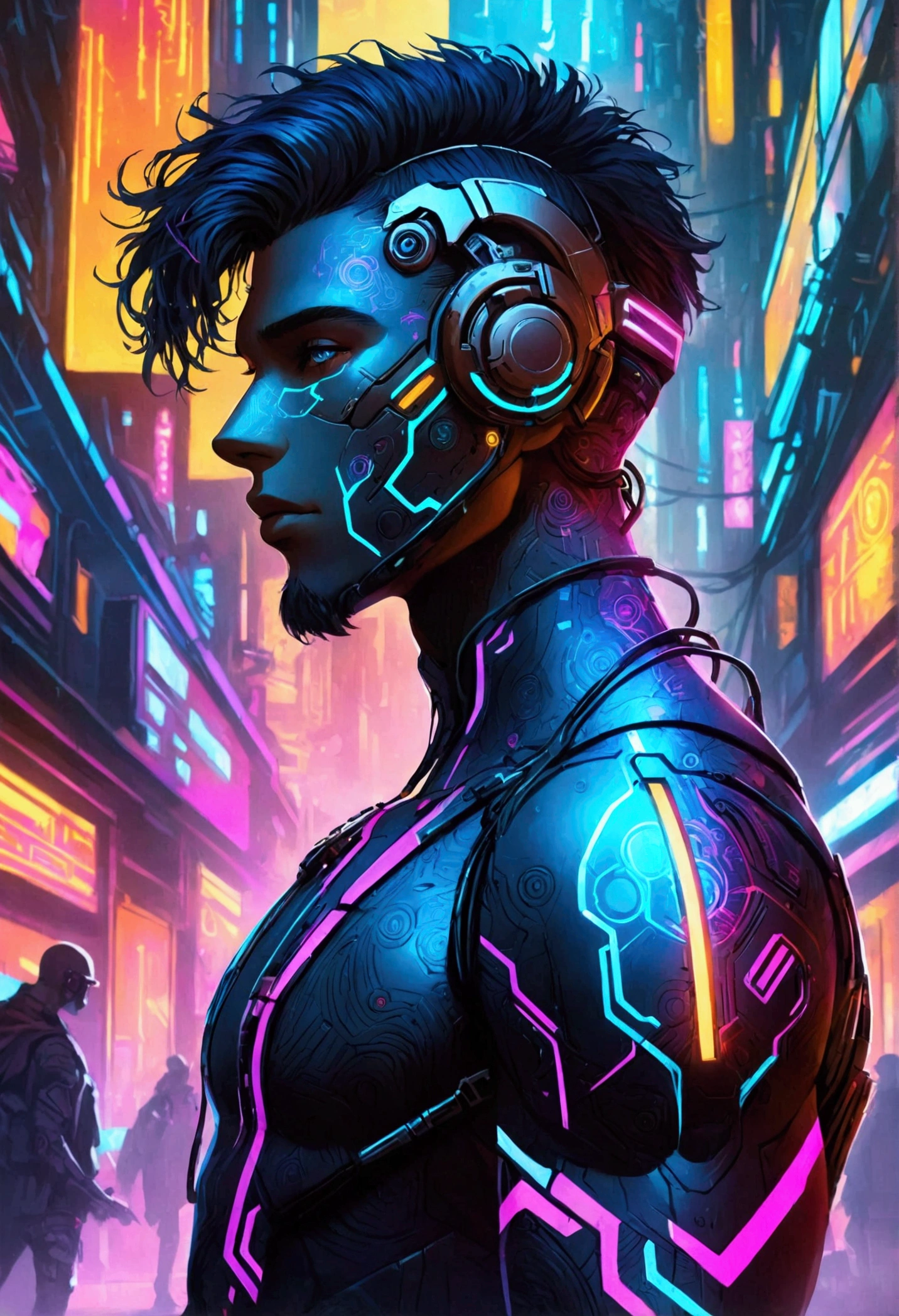 Create a futuristic Cyberpunk themed illustration featuring a shirtless man with cybernetic arms. Let his chest and arms be adorned with brightly illuminated tattoos in neon shades of blue, purple and pink. He's wearing black cargo pants peppered with neon details. His entire head and face are covered with a futuristic LED Techwear helmet, making him an enigmatic figure. Capture the gritty and high-tech nuances of the cyberpunk aesthetic.
