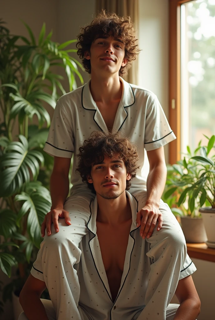 (photorealism:1.2), beautiful guy, sitting on guy's shouldes, pajama pants,curly hair, indoors, soft lighting, plants in background, window with sunlight, cozy room, relaxed pose, realistic, intricate details, warm colors, by Greg Rutkowski, by Alphonse Mucha