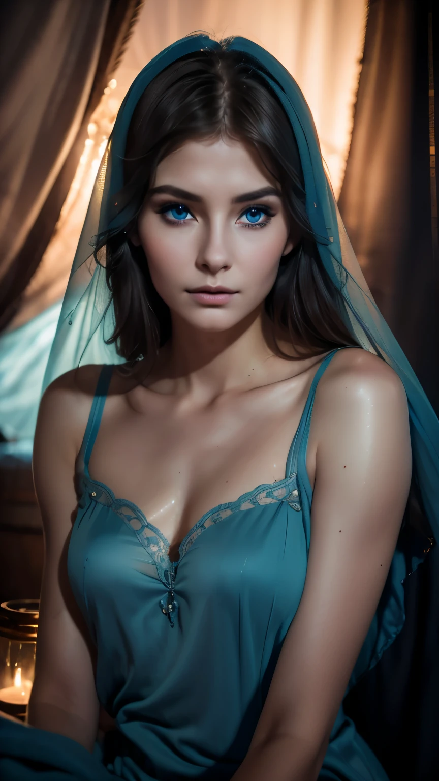 Chani,a beautiful young woman with piercing blue eyes, delicate facial features, full lips, high cheekbones, long eyelashes, inside a dimly lit still_tent:1.5, a sense of mystery and anticipation, cinematic lighting, muted color palette, highly detailed, photorealistic, concept art style