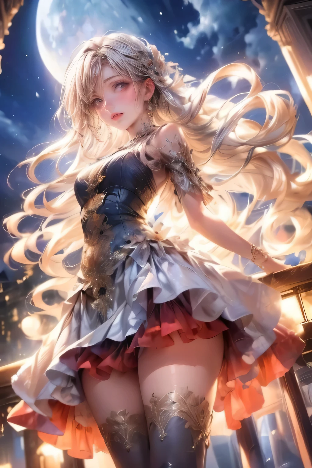 a girl with long white hair and long dress standing on a balcony, 1girl, solo, long hair, blue eyes, moon, night, sky, dress, looking at viewer, full moon, jewelry, earrings, white dress, breasts, blush, parted lips, bangs, night sky