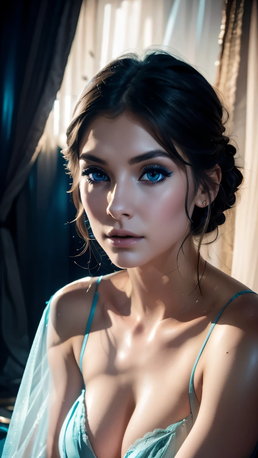 Chani,a beautiful young woman with piercing blue eyes, delicate facial features, full lips, high cheekbones, long eyelashes, inside a dimly lit still_tent:1.5, a sense of mystery and anticipation, cinematic lighting, muted color palette, highly detailed, photorealistic, concept art style